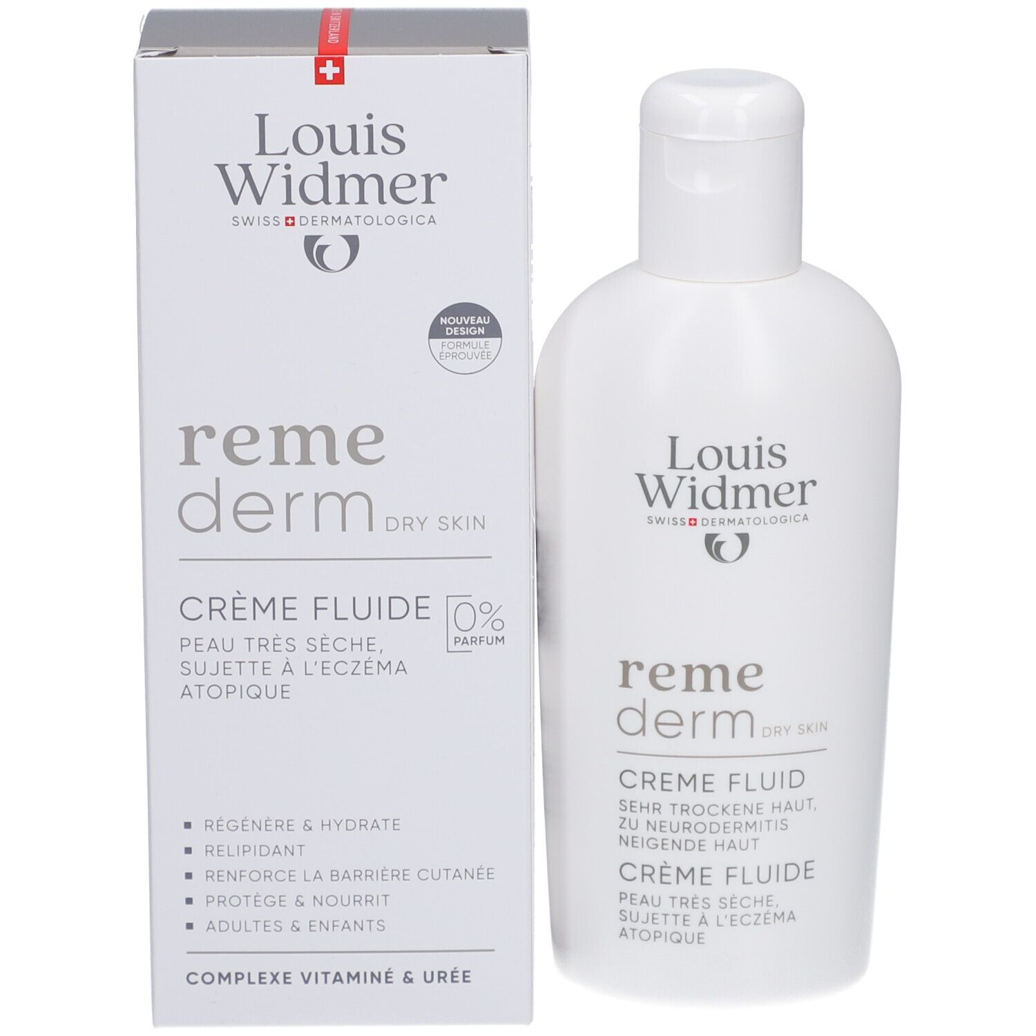 Emballage et flacon du produit. Emballage: boîte blanche avec bande rouge. Inscription: Louis Widmer, Remederm Crème Fluide.