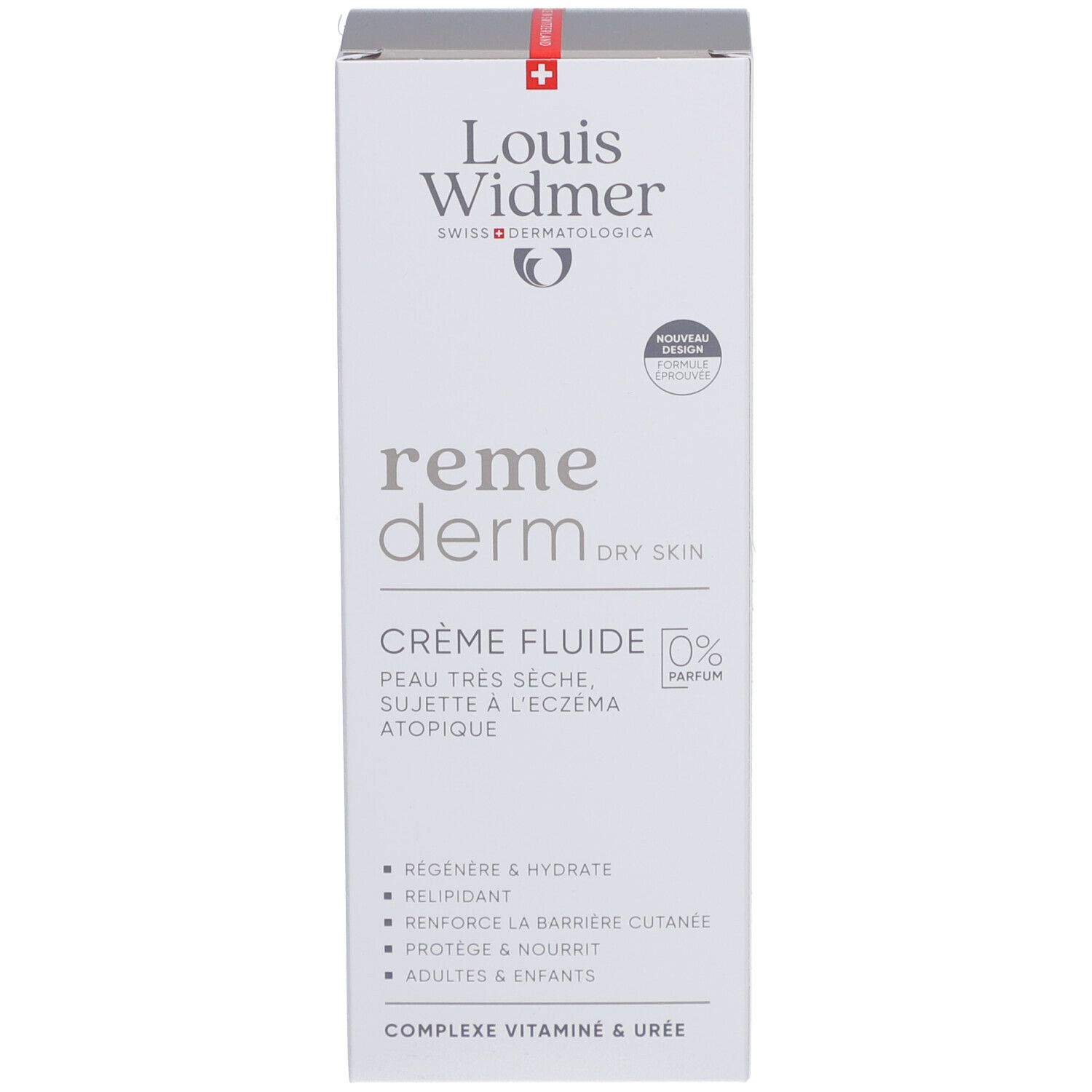Boîte blanche avec bande rouge. Inscription: Louis Widmer, Remederm Crème Fluide. Texte en allemand et français. 0% Parfum.