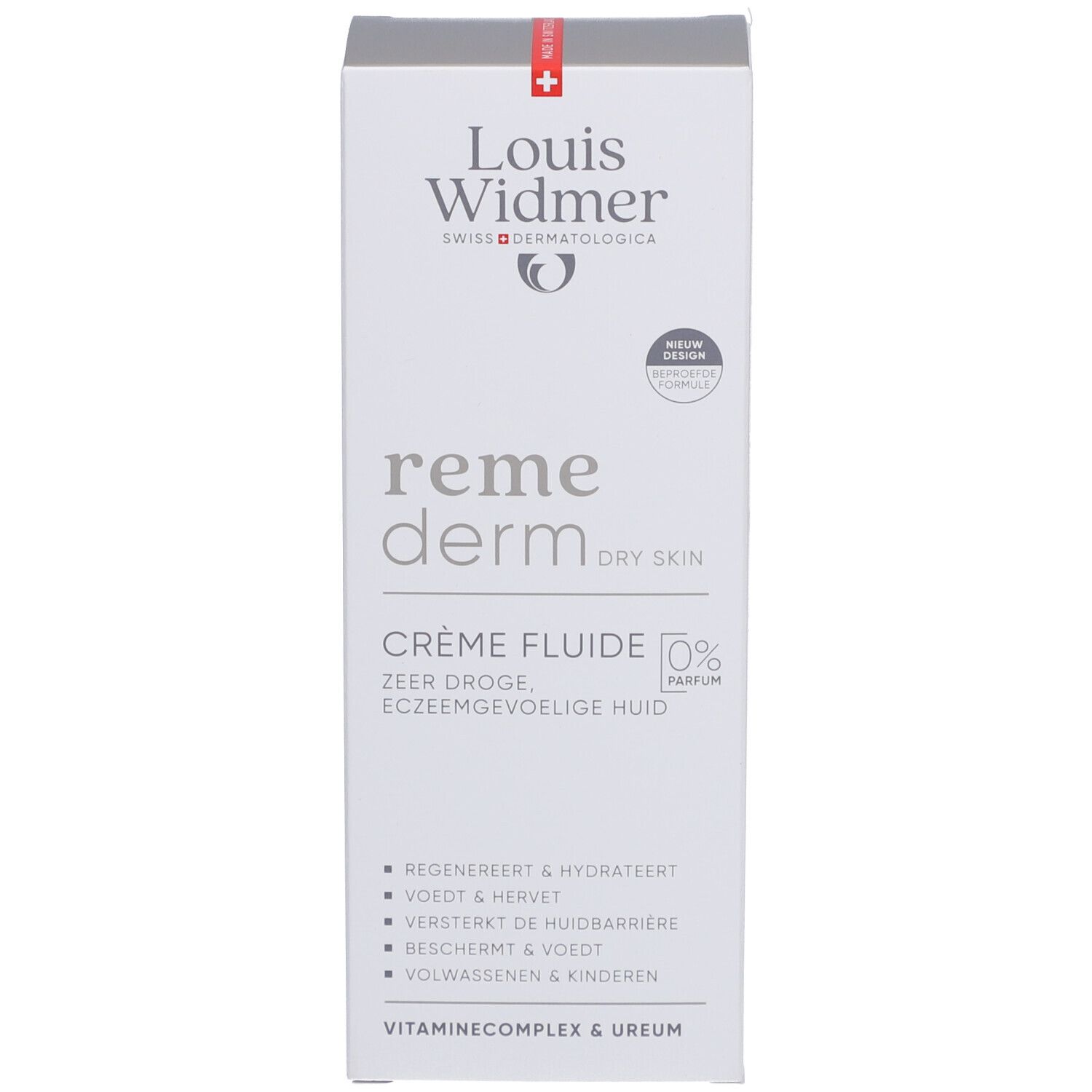 Emballage du produit. Inscription: Louis Widmer, Remederm Crème Fluide. Texte en allemand et néerlandais. 0% Parfum.