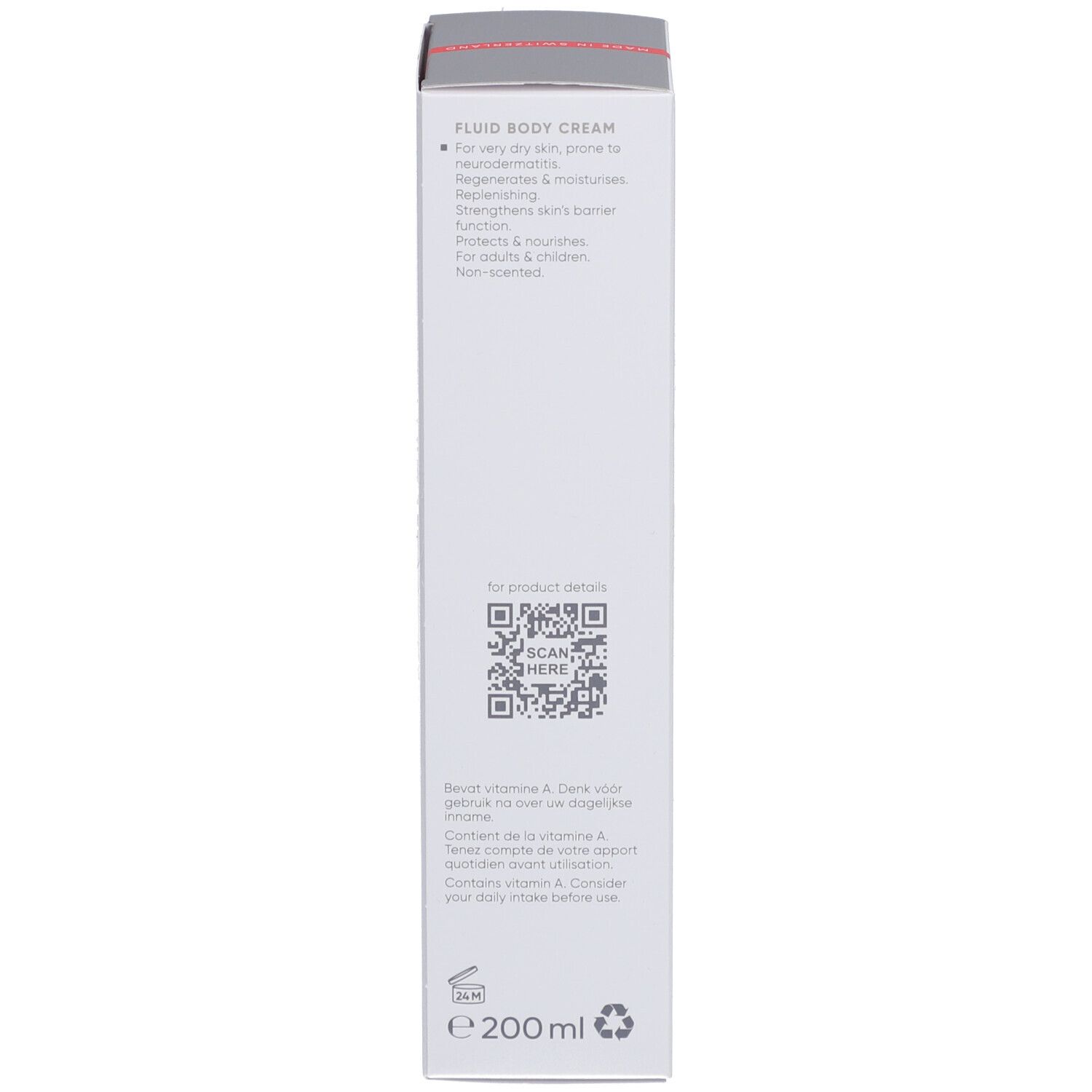 Dos de l'emballage du produit. Texte: Fluid Body Cream. Code QR. Informations du fabricant. 200ml.