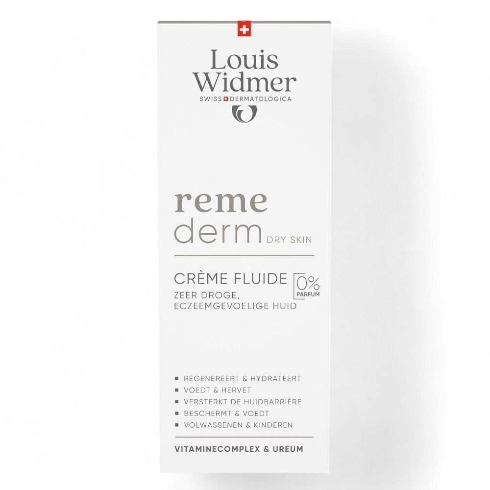 Emballage du produit. Inscription: Louis Widmer, Remederm Crème Fluide. Texte en allemand et néerlandais. 0% Parfum.