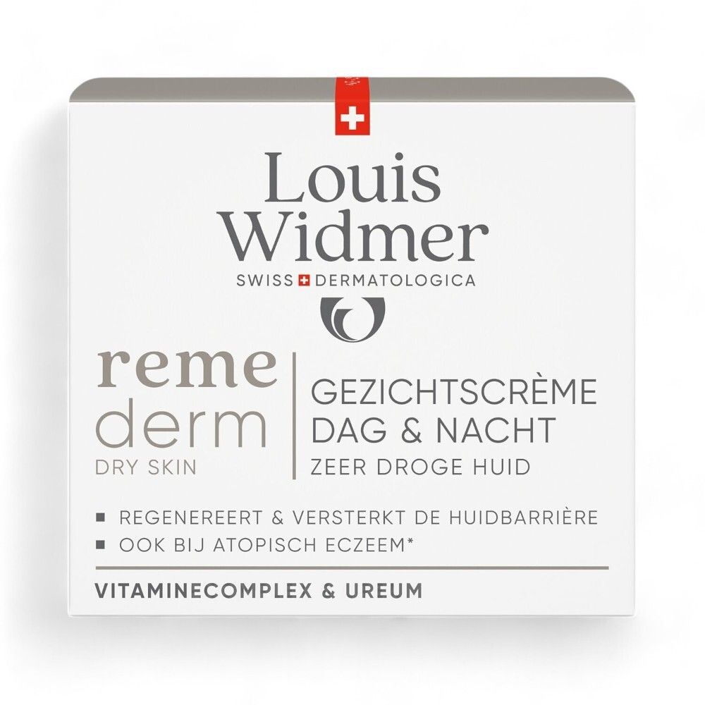 Boîte. Inscription: Louis Widmer, remederm dry skin. Crème Visage Jour & Nuit.