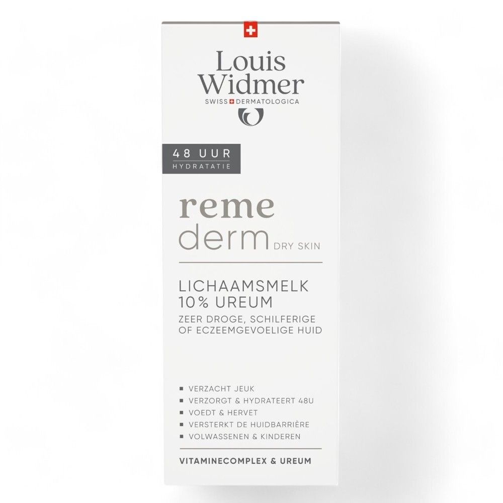Emballage Louis Widmer REMEDERM Lait corporel 10% urée. Texte en allemand et néerlandais.