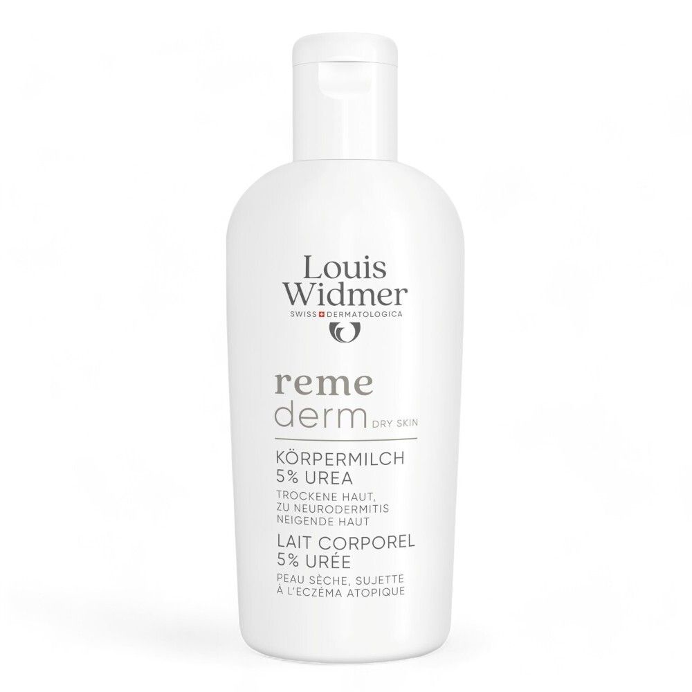 Witte fles met klapdeksel. Opschrift: Louis Widmer, remederm, 5% Urea. Voor droge huid.