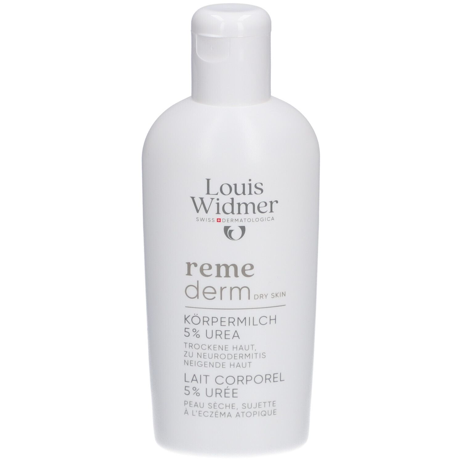 Flacon blanc avec bouchon rabattable. Inscription: Louis Widmer, remederm, 5% Urée. Pour peau sèche.