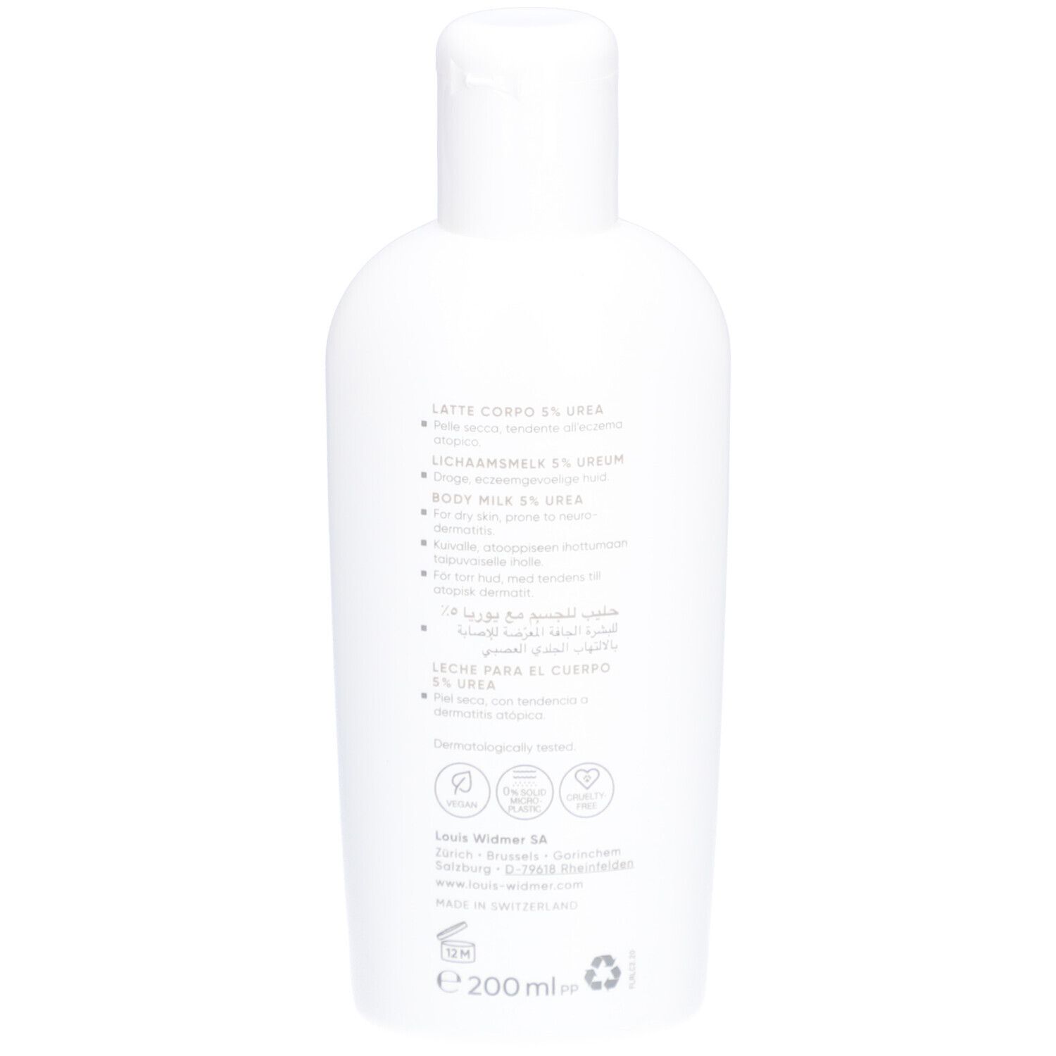 Dos du flacon blanc. Texte multilingue. Ingrédients, logos et indication 200ml.