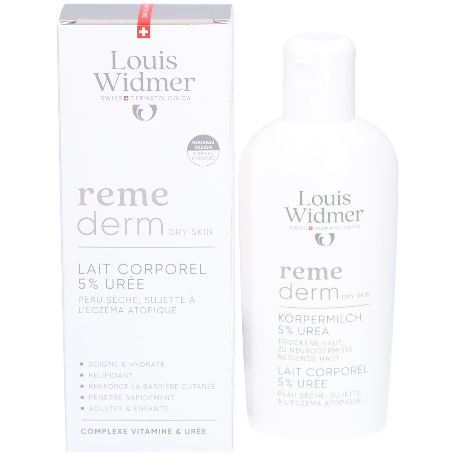 Boîte et flacon blancs. Inscription: Louis Widmer, remederm, 5% Urée. Pour peau sèche. Avec bande rouge.