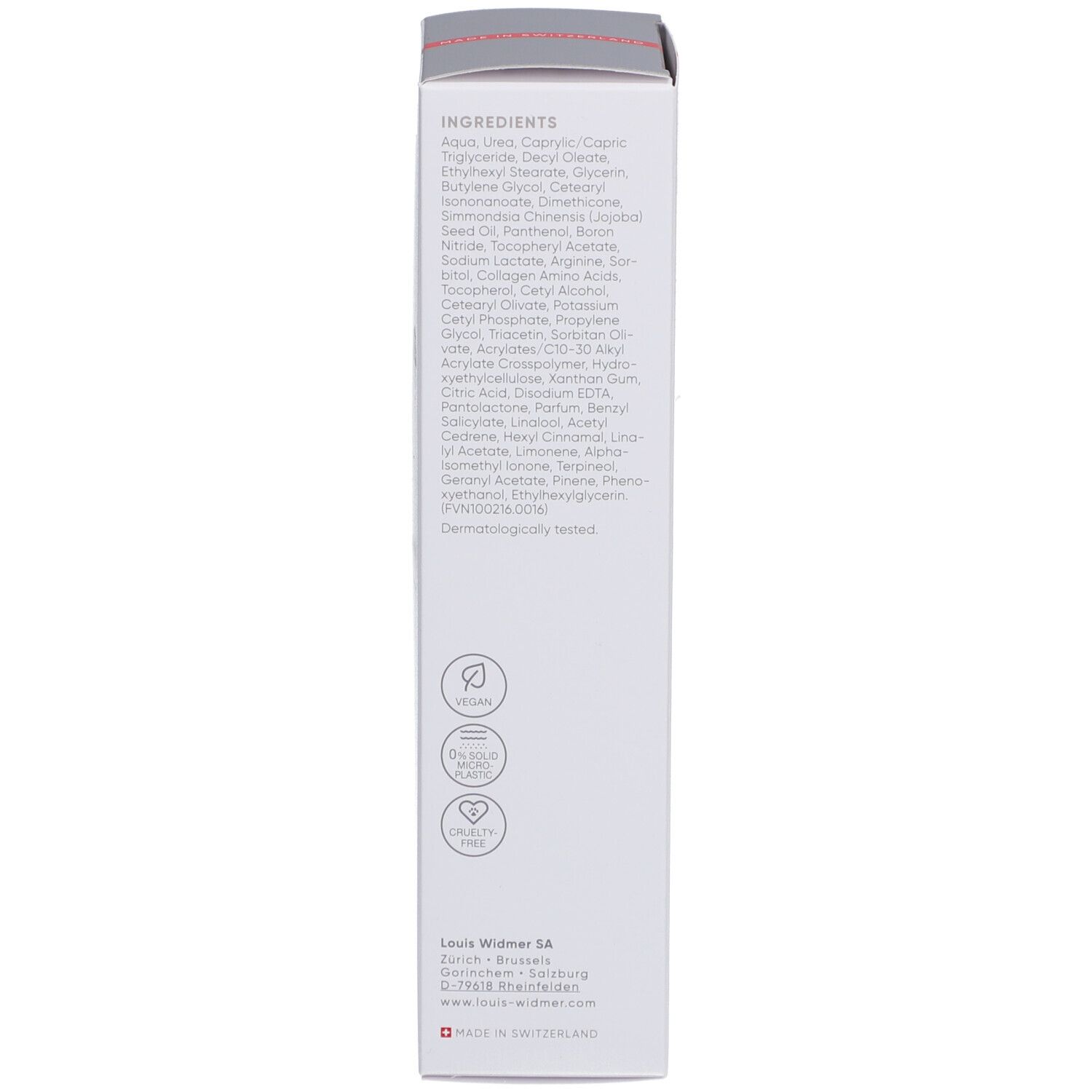 Dos de la boîte blanche. Ingrédients, logos et coordonnées. Testé dermatologiquement.