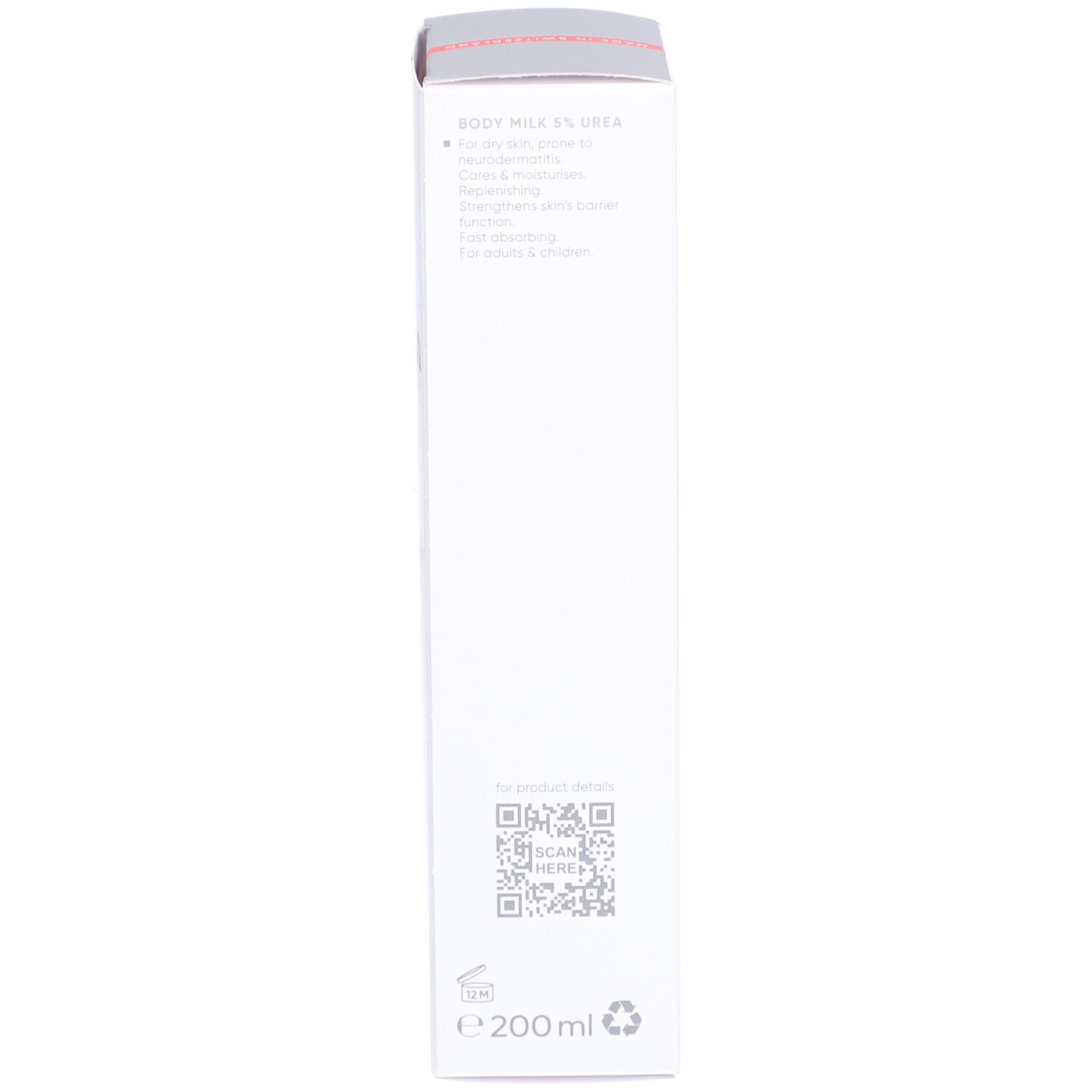 Dos de la boîte blanche. Texte multilingue. Indication 200ml et code QR.