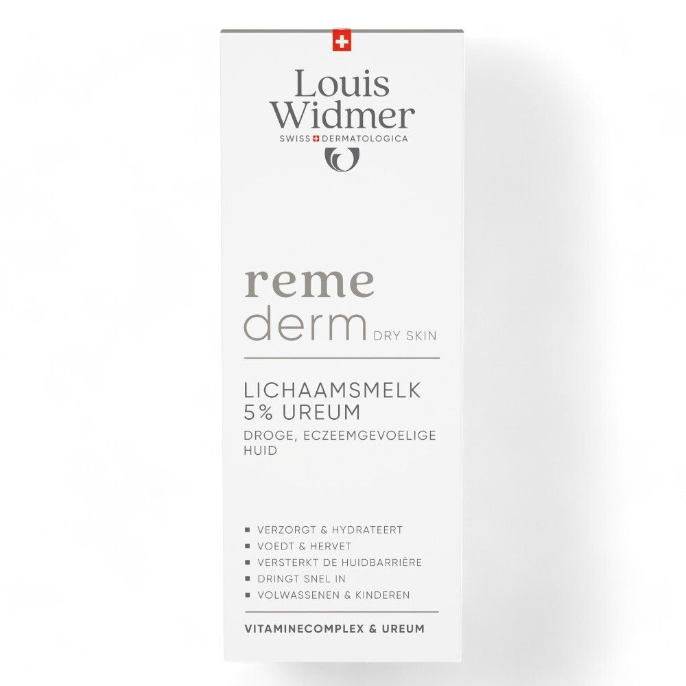 Witte doos. Opschrift: Louis Widmer, remederm, 5% Urea. Voor droge, eczeemgevoelige huid.