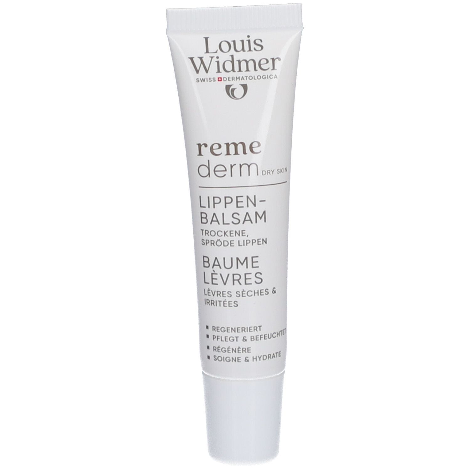 Lippenbalsam-Tube, weiß. Text: Louis Widmer, remederm, Lippenbalsam, trockene, spröde Lippen. Regeneriert, pflegt & befeuchtet.