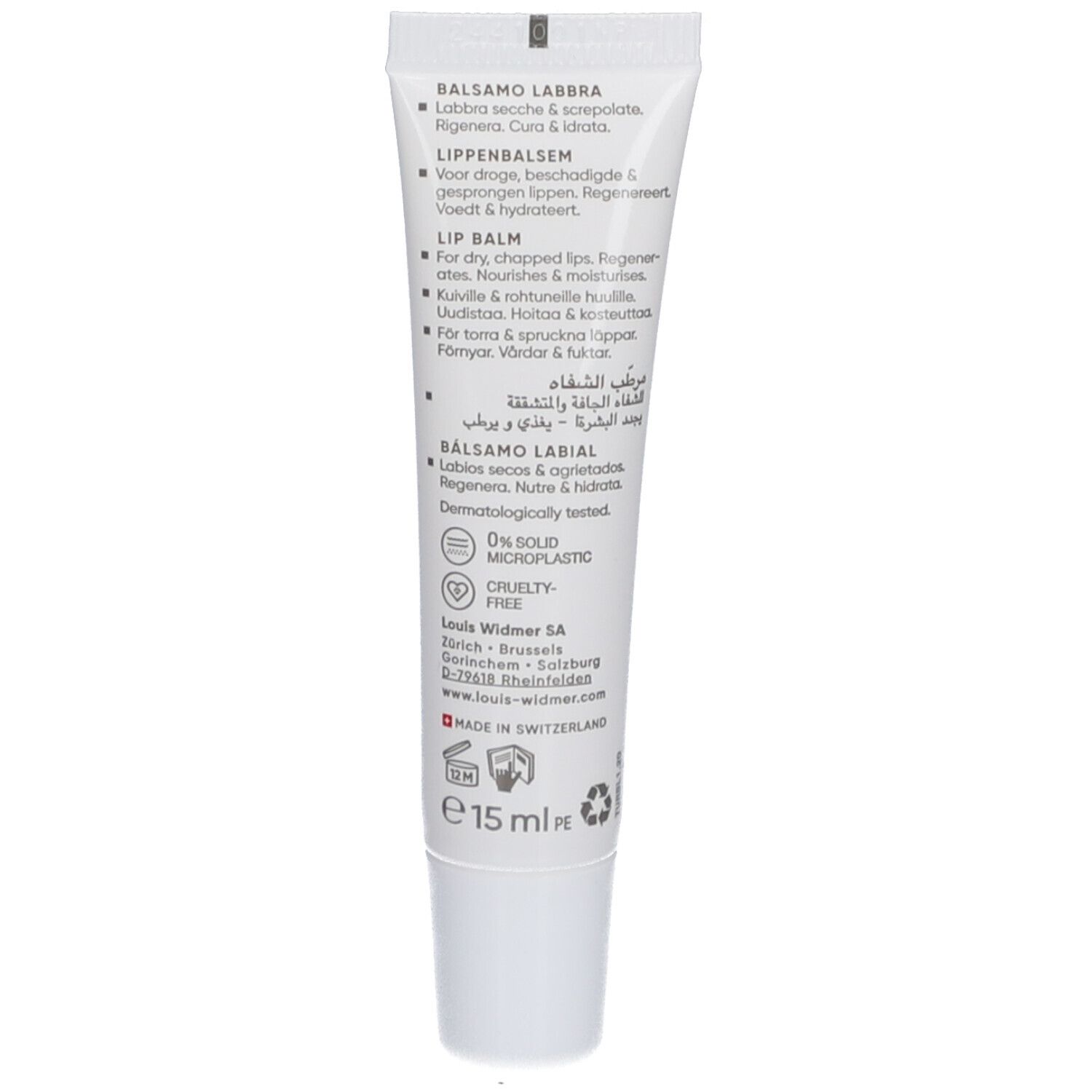 Rückseite der Lippenbalsam-Tube. Text: Balsamo labbra, Lip Balm, Balsamo labial. 0% Solid Microplastic. Cruelty-free. 15 ml.