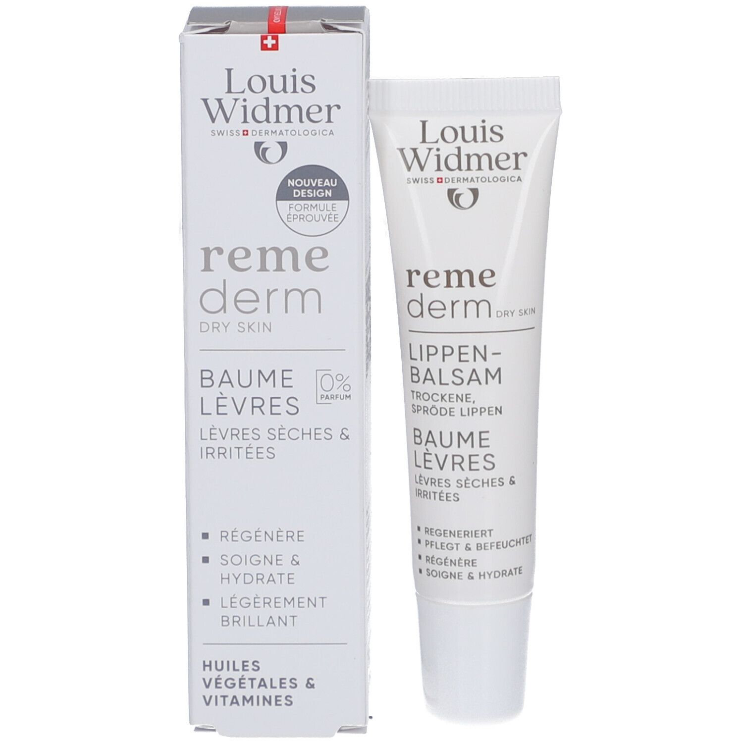 Produktverpackung und Lippenbalsam-Tube. Text: Louis Widmer, remederm, Lippenbalsam, trockene, spröde Lippen. 0% Parfum. Neu.