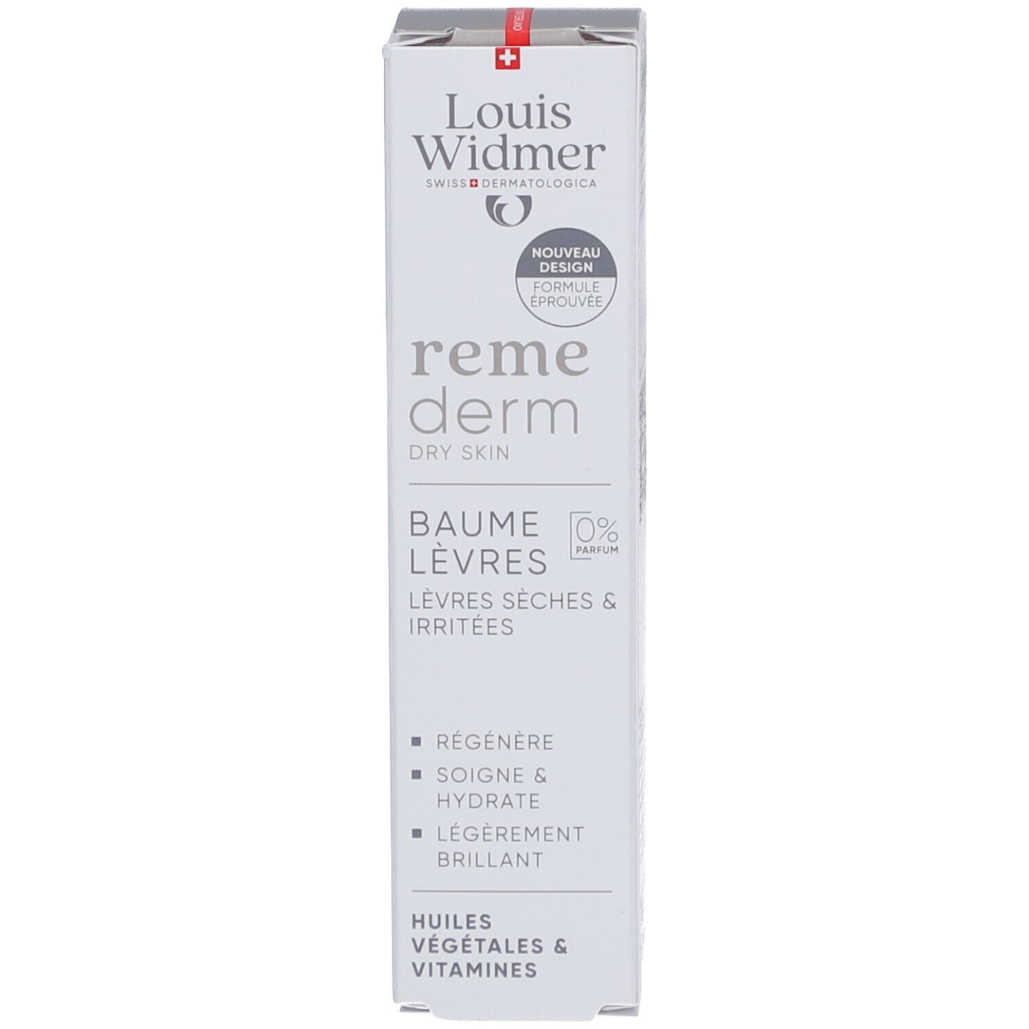 Produktverpackung, weiß. Text: Louis Widmer, remederm, Lippenbalsam, trockene, spröde Lippen. 0% Parfum. Neu.