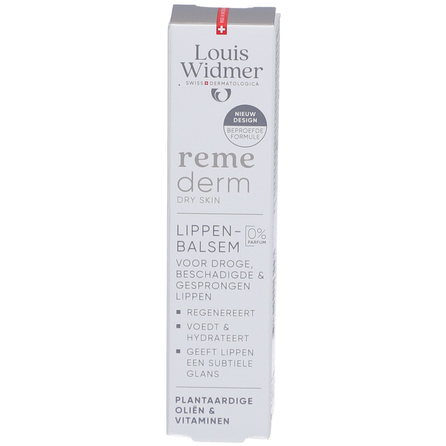 Produktverpackung, weiß. Text: Louis Widmer, remederm, Lippenbalsam, für trockene, beschädigte Lippen. 0% Parfum. Neu.