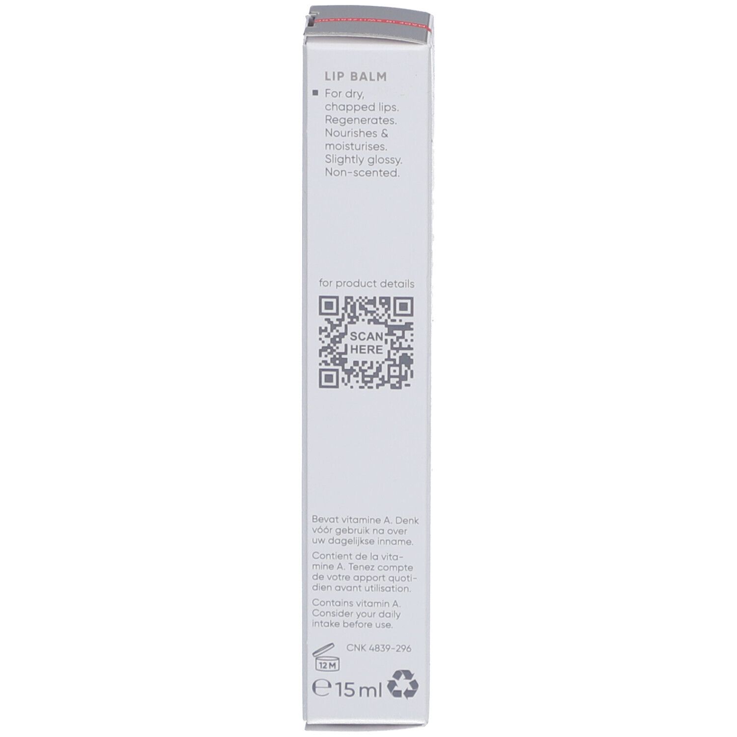 Rückseite der Produktverpackung. Text: Lip Balm, 15 ml, QR-Code. Enthält Vitamin E. CPNP-4839-29.