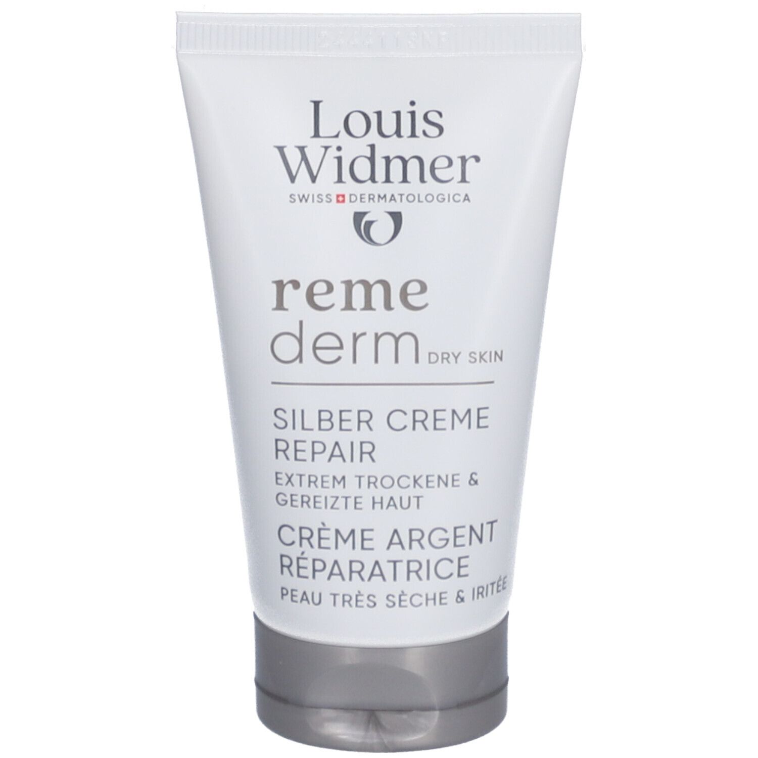Crèmetube met productnaam en logo. Zilveren dop. Tekst: Zilver Crème Repair, voor droge huid.