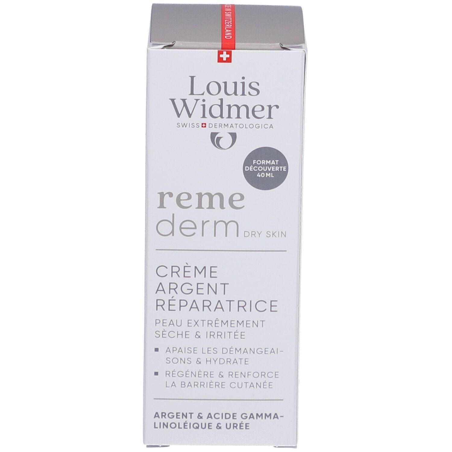 Productverpakking. Wit met productnaam en logo. Tekst: Crème Argent Réparatrice, voor droge huid.