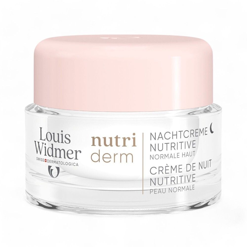 Pot de crème avec couvercle rose. Logo Louis Widmer et texte. Crème de nuit nutritive.