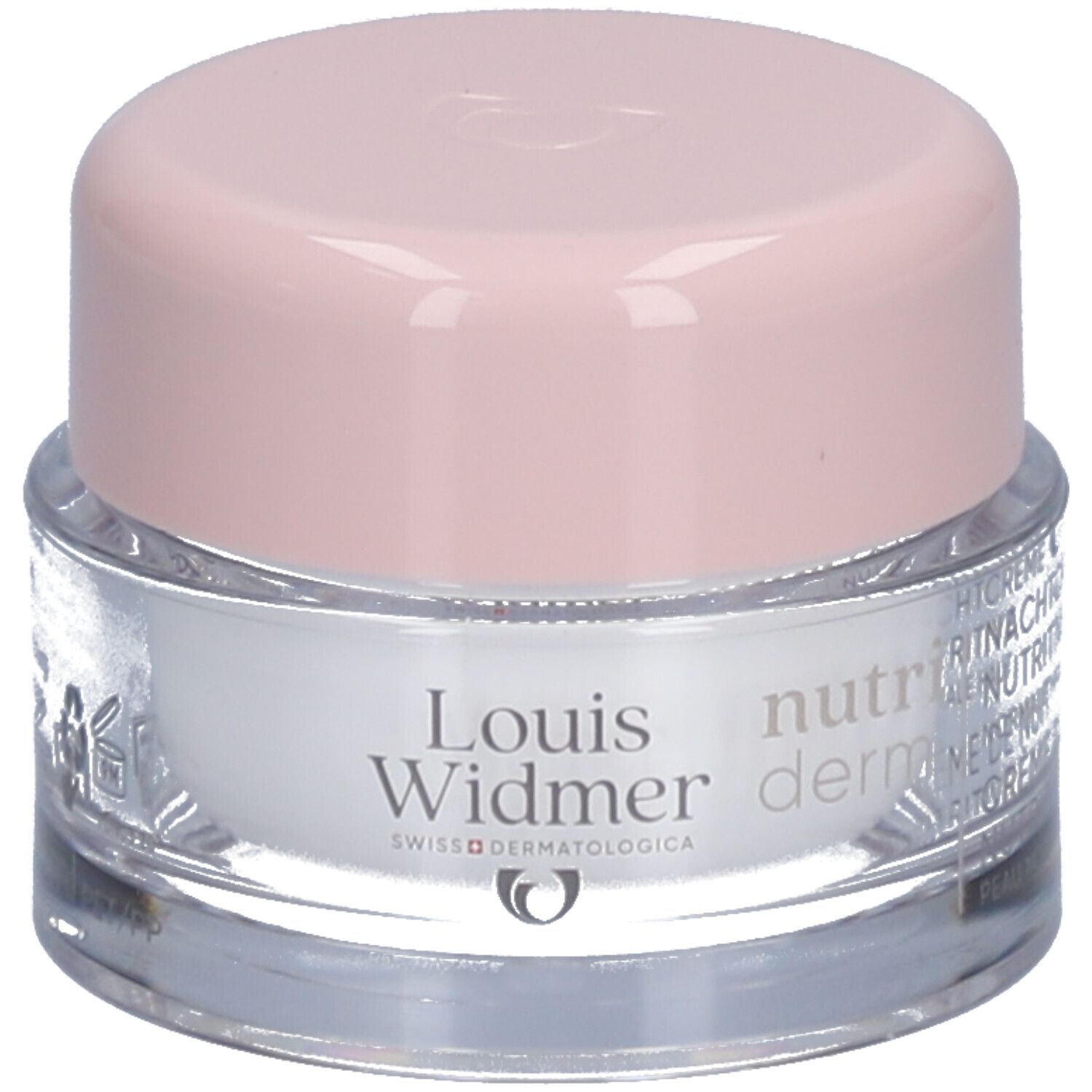 Pot de crème avec couvercle rose. Logo Louis Widmer et texte. Crème de nuit nutritive.