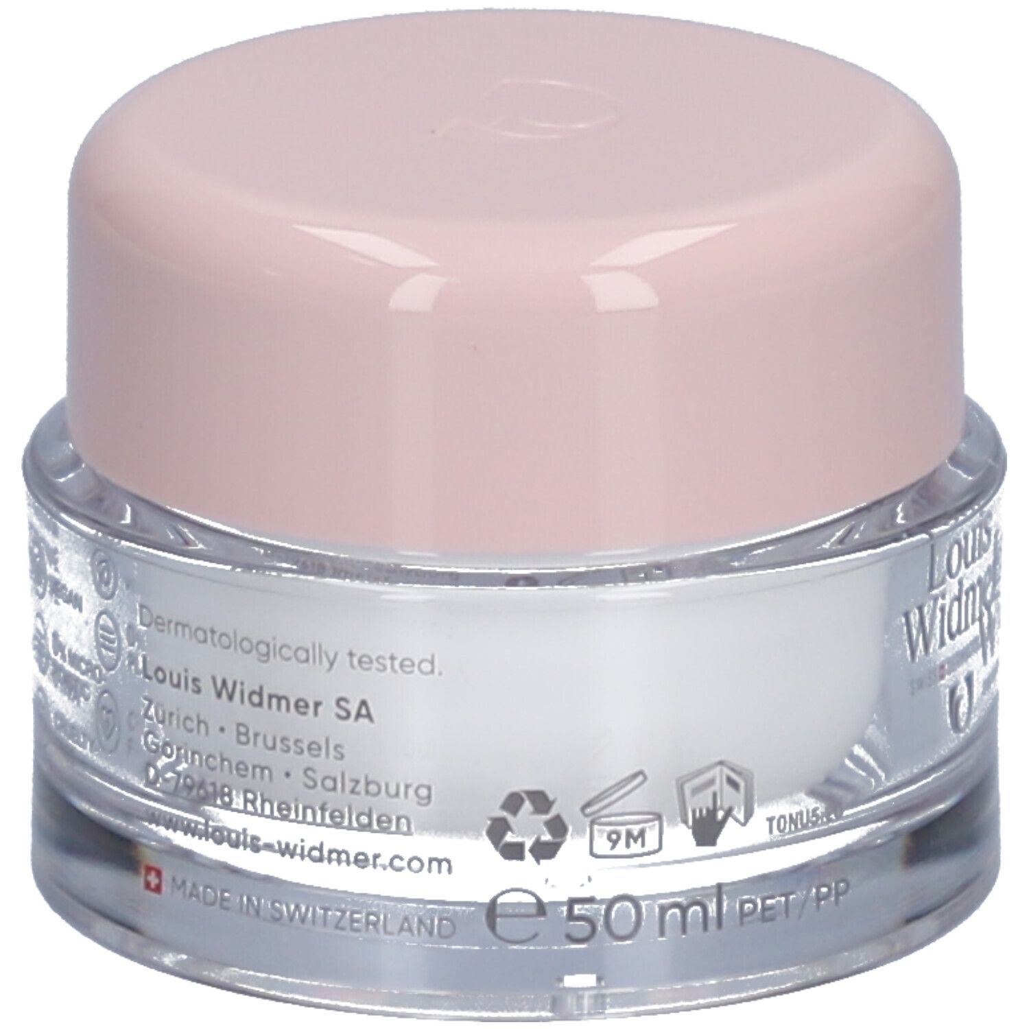 Pot de crème avec couvercle rose. Logo Louis Widmer et texte. Crème de nuit nutritive.