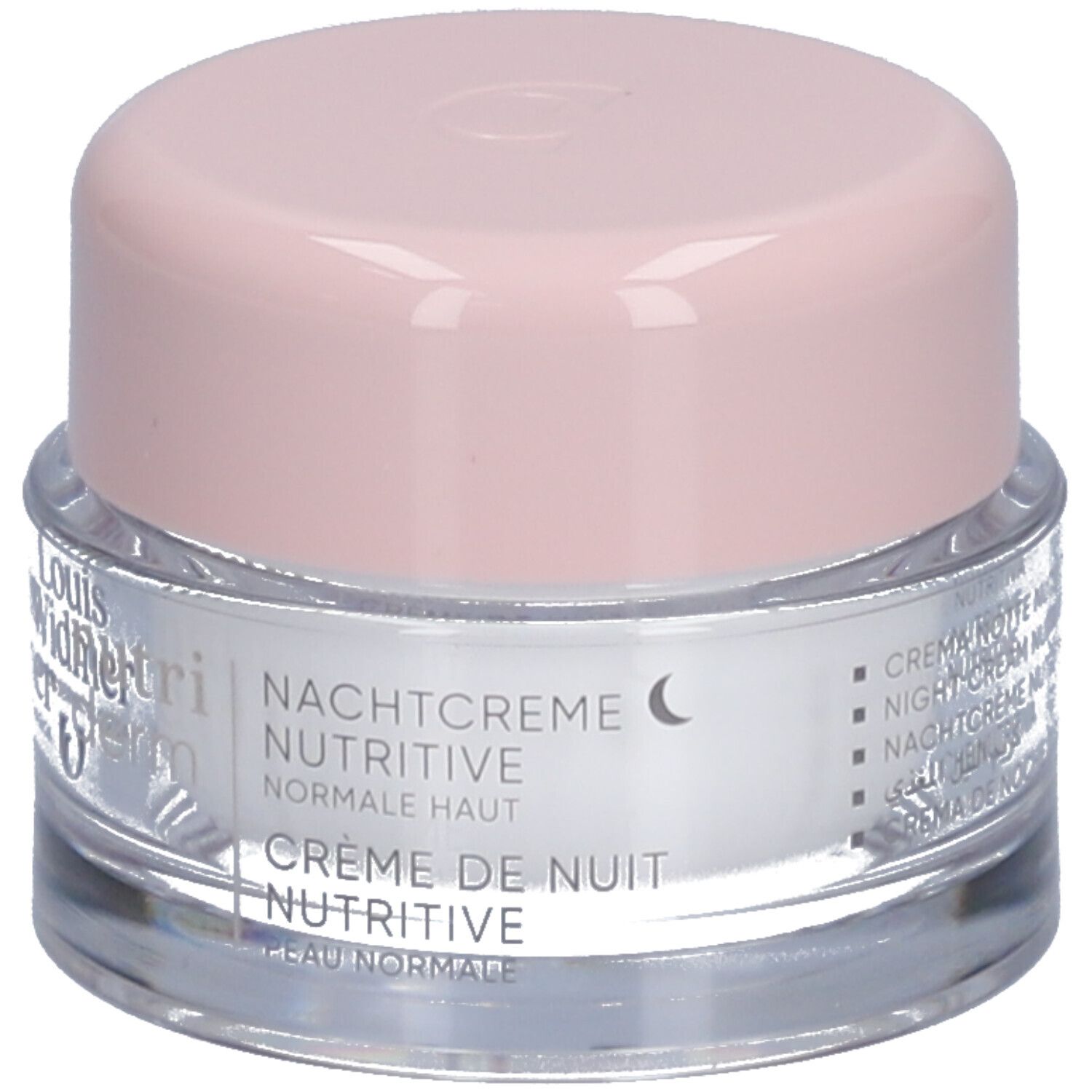 Pot de crème avec couvercle rose. Logo Louis Widmer et texte. Crème de nuit nutritive.