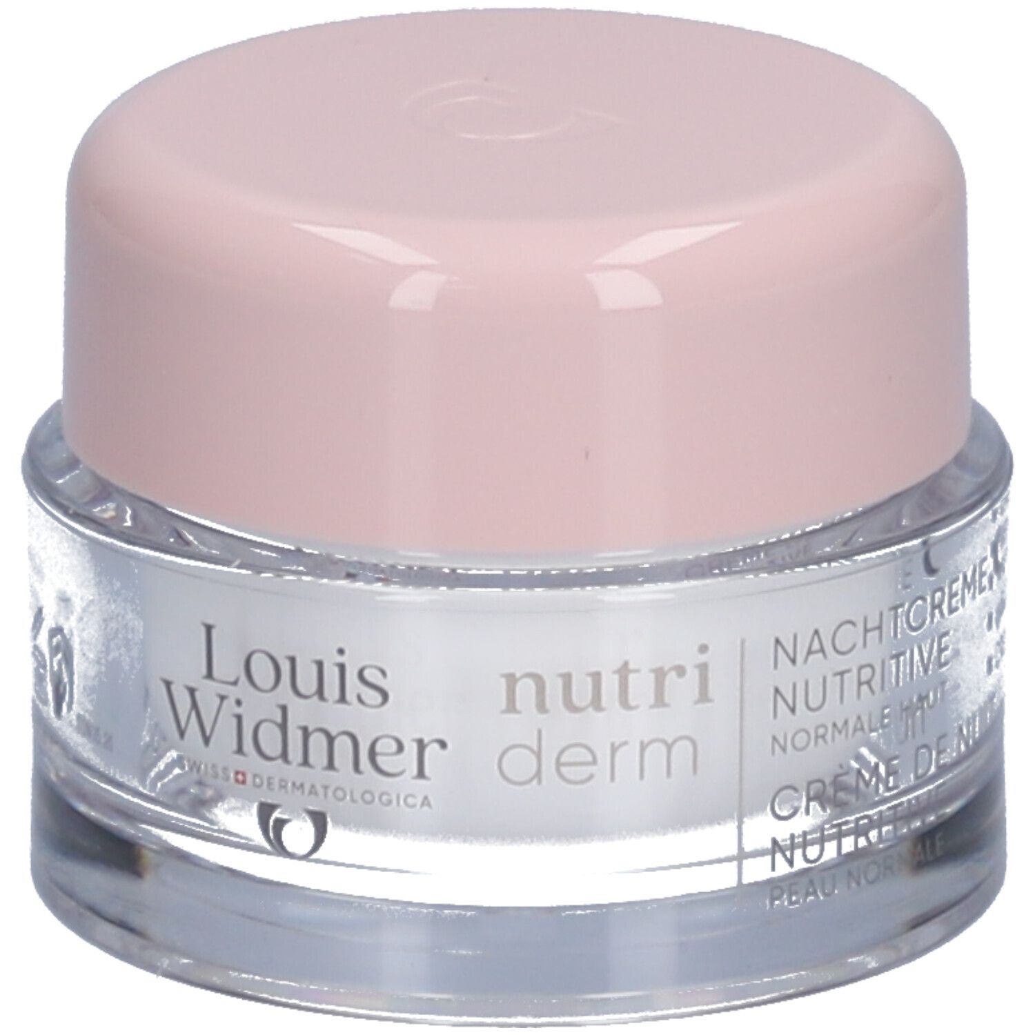 Pot de crème avec couvercle rose. Logo Louis Widmer et texte. Crème de nuit nutritive.