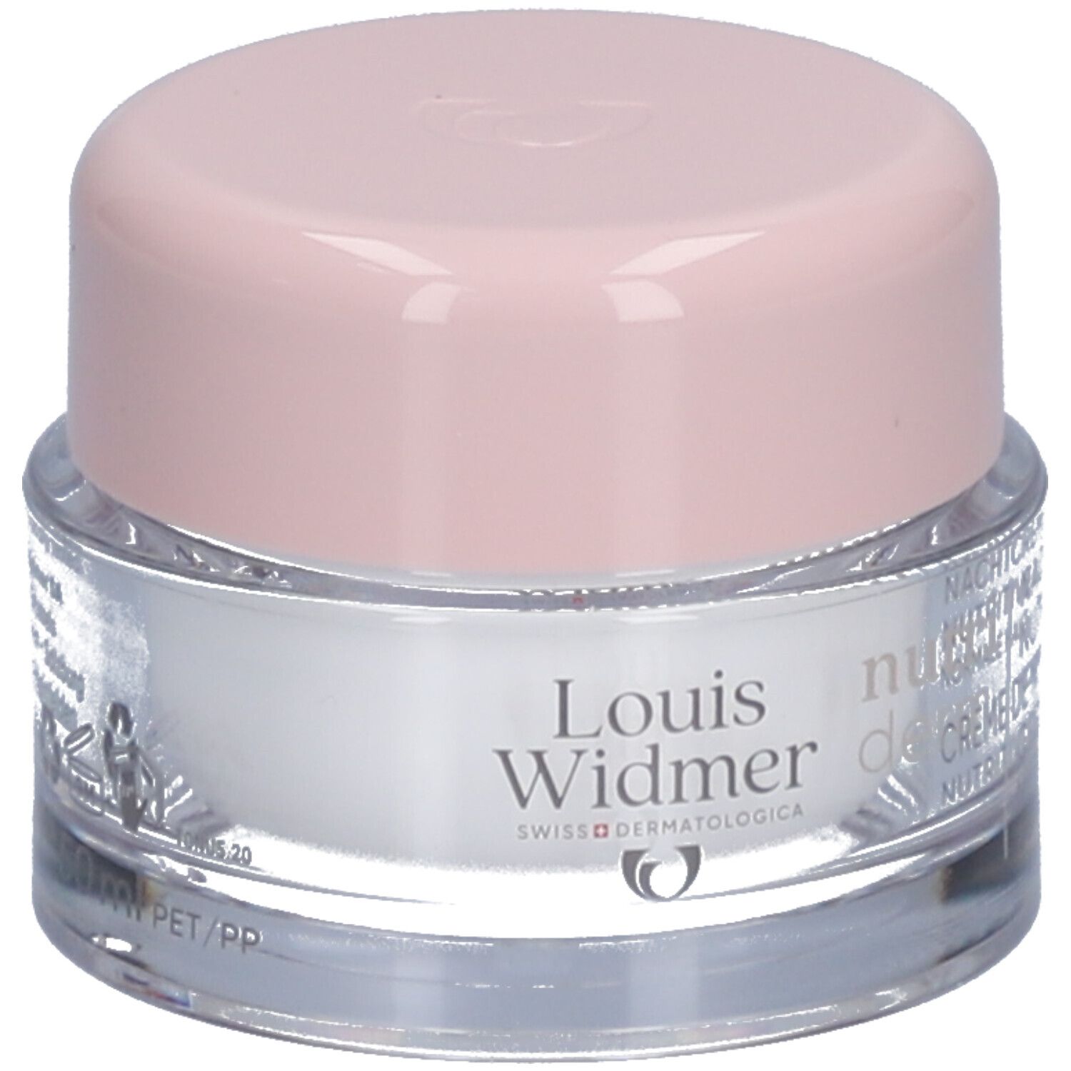 Pot de crème avec couvercle rose. Logo Louis Widmer et texte. Crème de nuit nutritive.