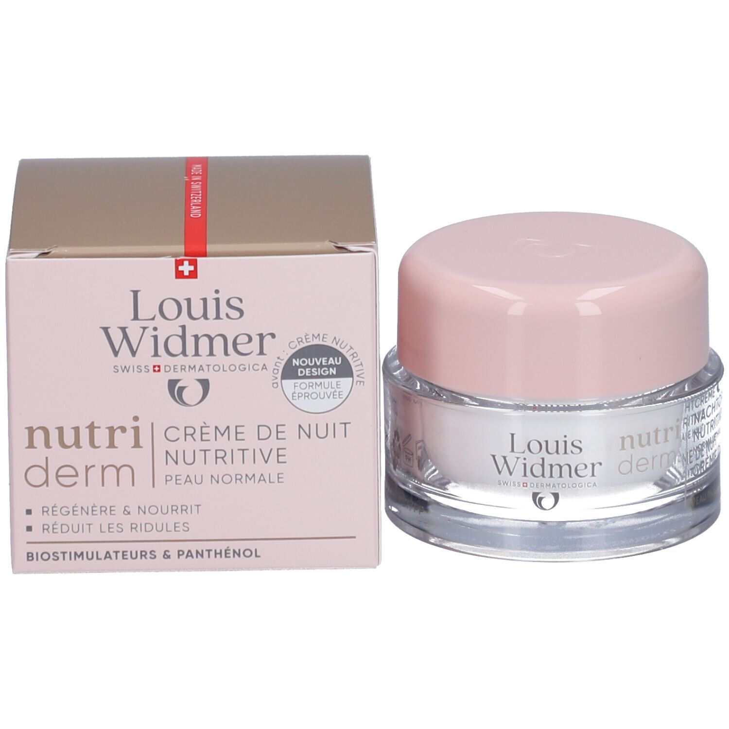 Pot de crème et boîte. Logo Louis Widmer et texte. Crème de nuit nutritive.