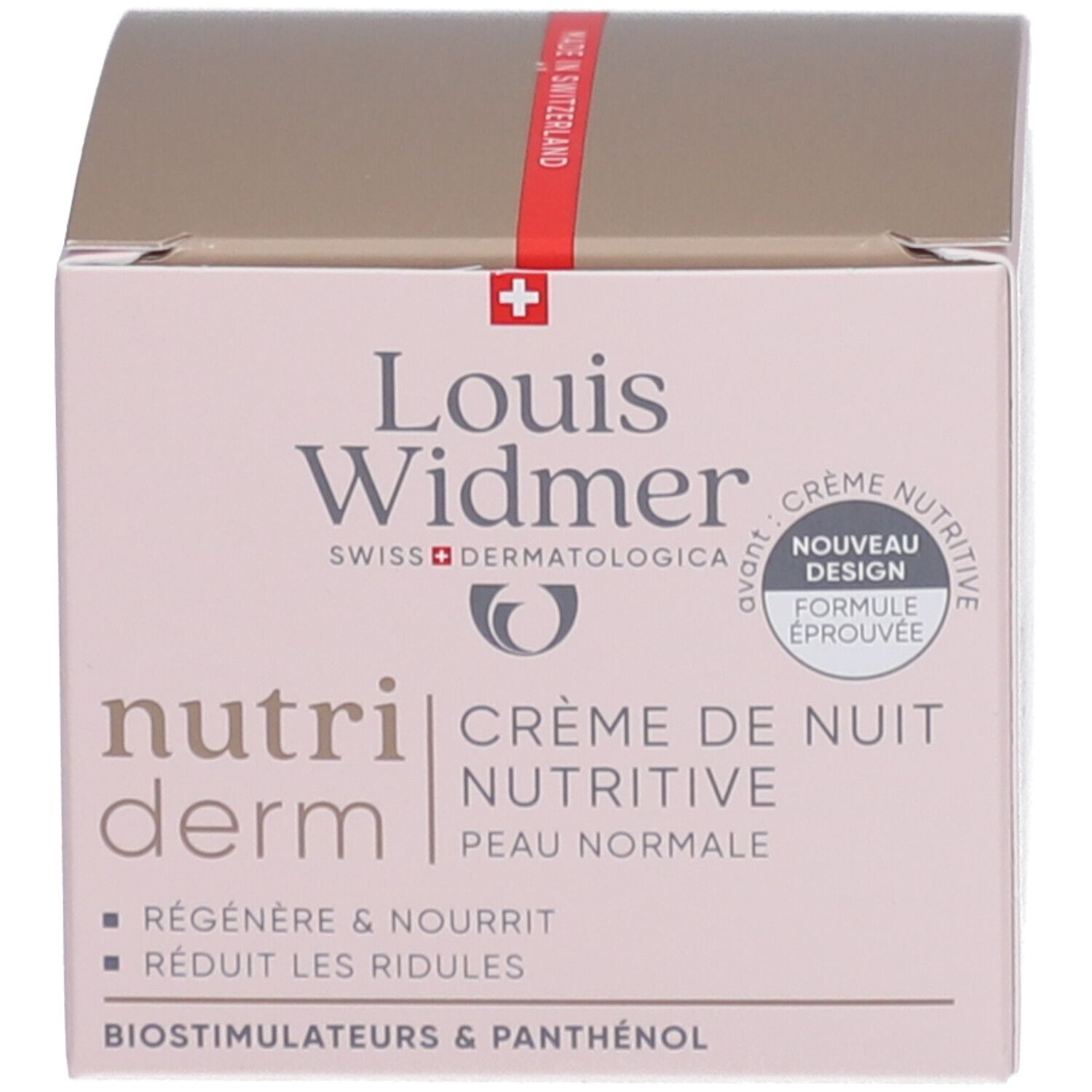 Boîte avec logo Louis Widmer et texte. Crème de nuit nutritive. Nouveau design.
