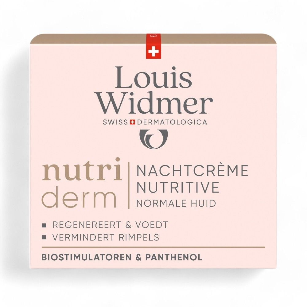 Boîte avec logo Louis Widmer et texte. Crème de nuit nutritive. Peau normale.