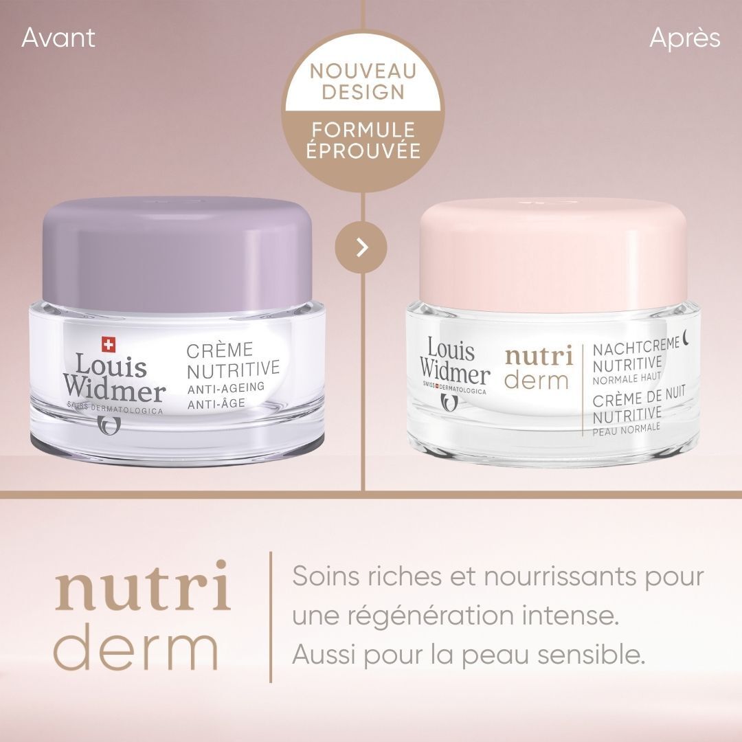 Deux pots de crème. Logo Louis Widmer et texte. Crème de nuit nutritive.