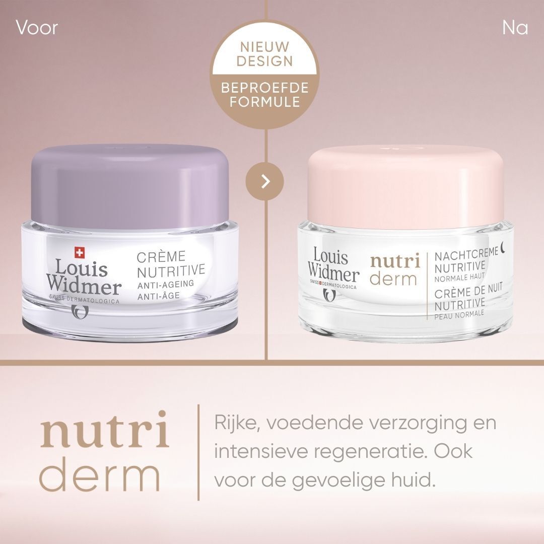 Doos met Louis Widmer logo en tekst. Nachtcrème Nutritive. Normale huid.