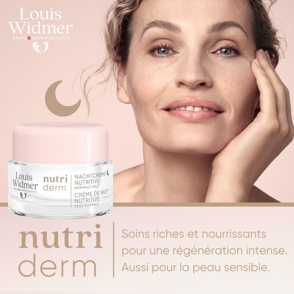 Pot de crème avec couvercle rose. Logo Louis Widmer et texte. Crème de nuit nutritive.