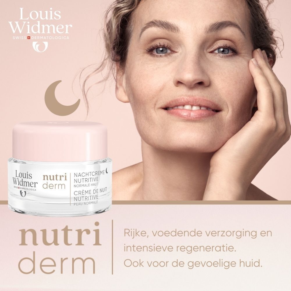 Crèmepot met roze deksel. Louis Widmer logo en tekst. Nachtcrème Nutritive.