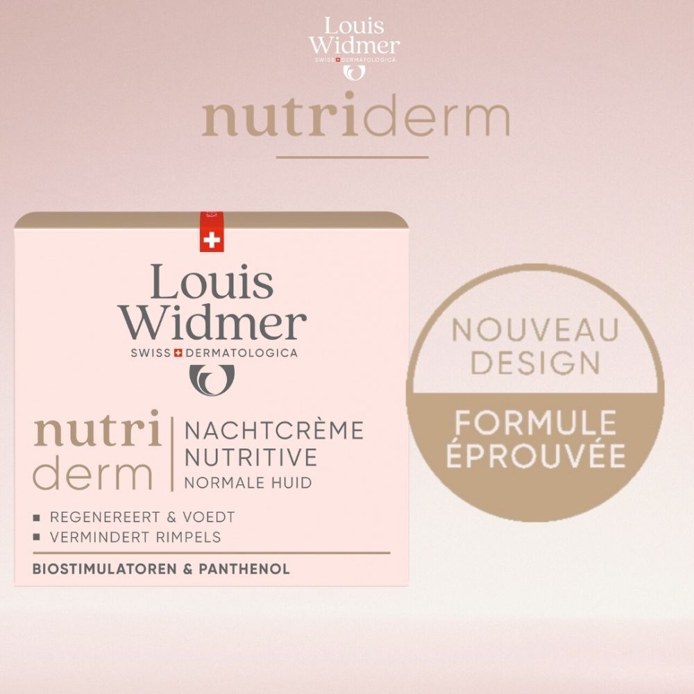 Pot de crème avec couvercle rose. Logo Louis Widmer et texte. Crème de nuit nutritive.