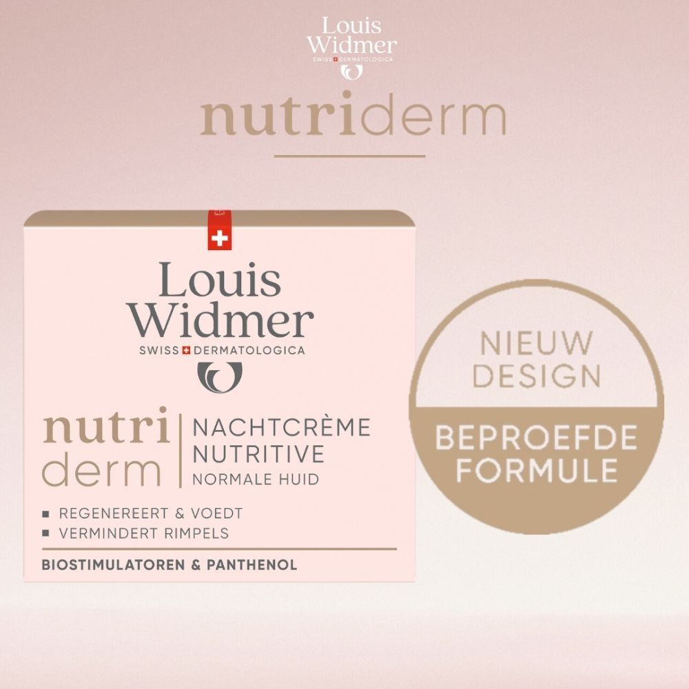 Crèmepot met roze deksel. Louis Widmer logo en tekst. Nachtcrème Nutritive.
