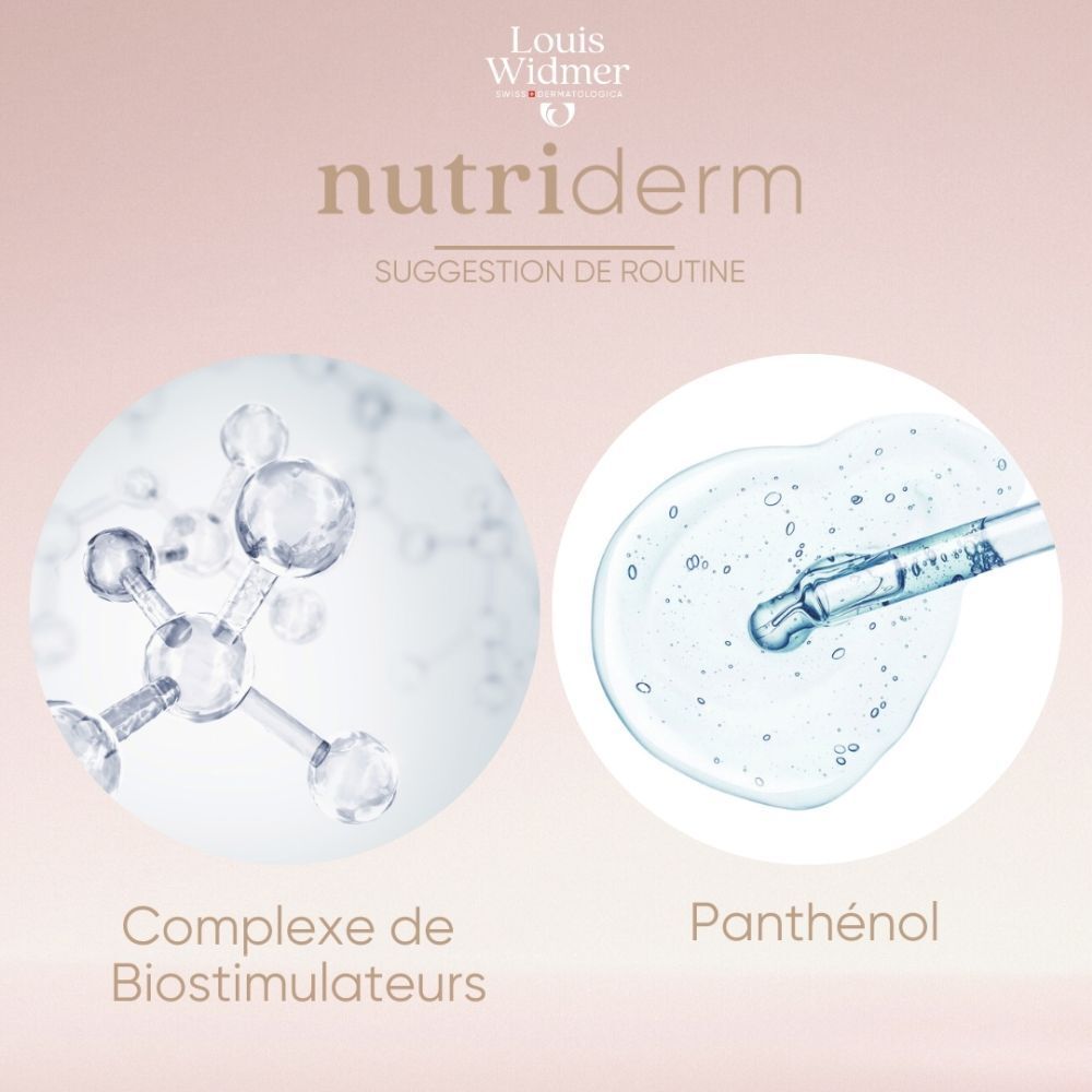 Pot de crème avec couvercle rose. Logo Louis Widmer et texte. Crème de nuit nutritive.