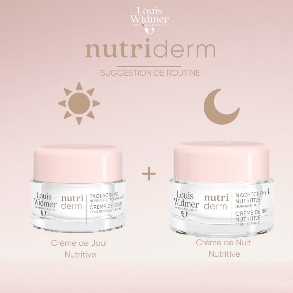 Pot de crème avec couvercle rose. Logo Louis Widmer et texte. Crème de nuit nutritive.