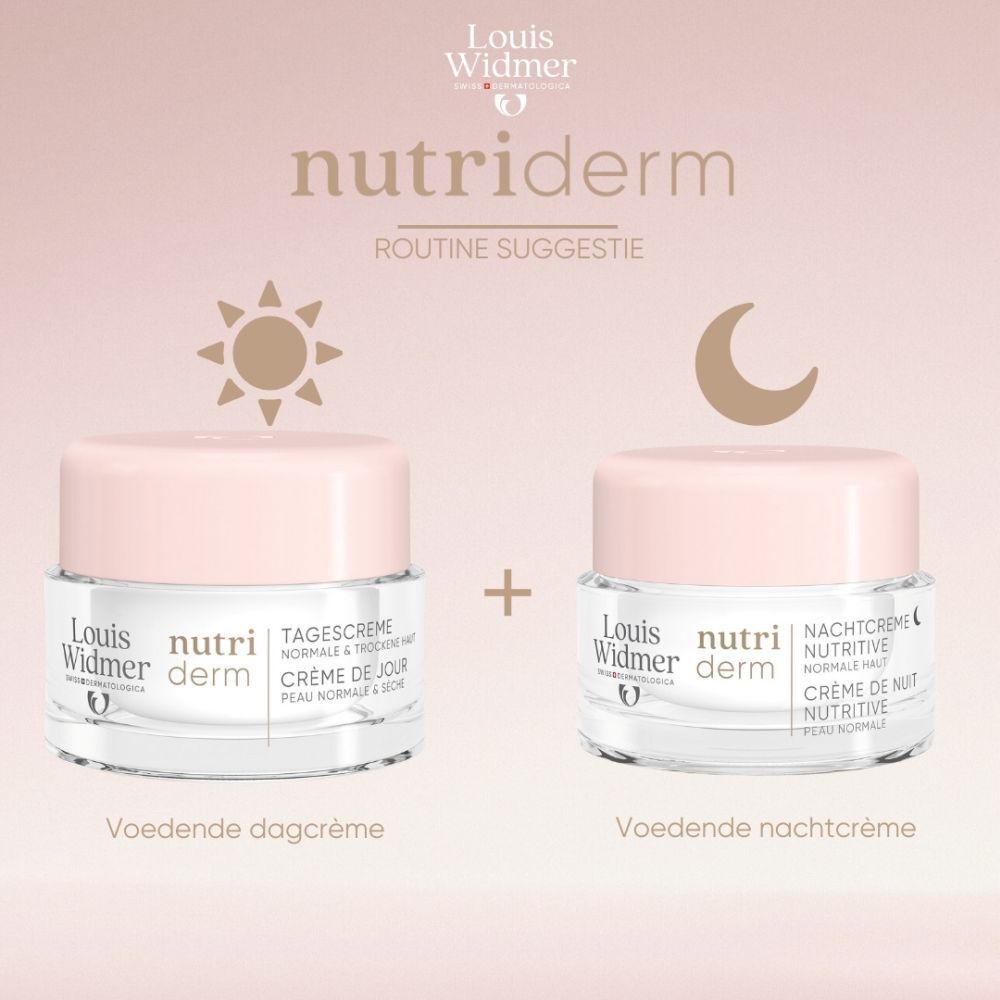 Crèmepot met roze deksel. Louis Widmer logo en tekst. Nachtcrème Nutritive.