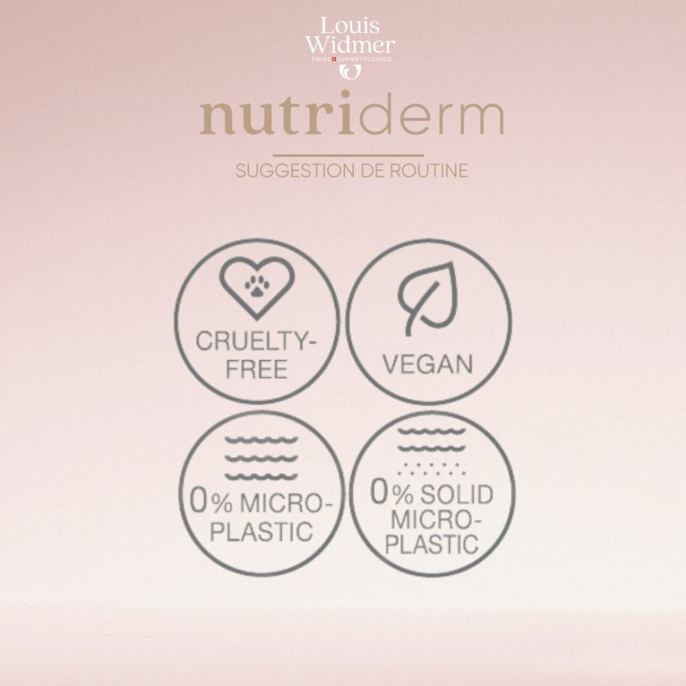 Pot de crème avec couvercle rose. Logo Louis Widmer et texte. Crème de nuit nutritive.