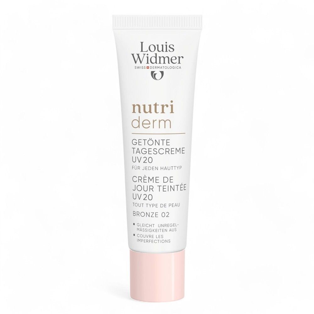 Tube de crème Louis Widmer. Crème de jour teintée UV20 Bronze 02. Bouchon rose.