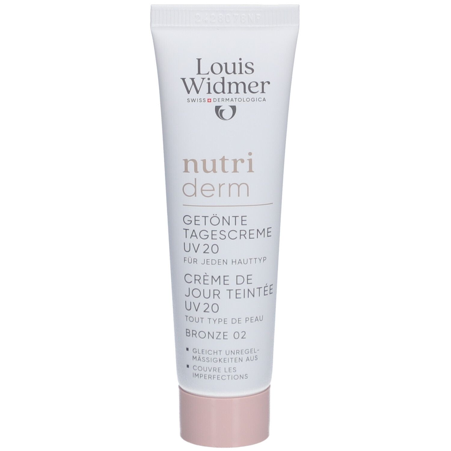 Crèmetube met Louis Widmer. Getinte dagcrème UV20 Bronze 02. Roze dop.