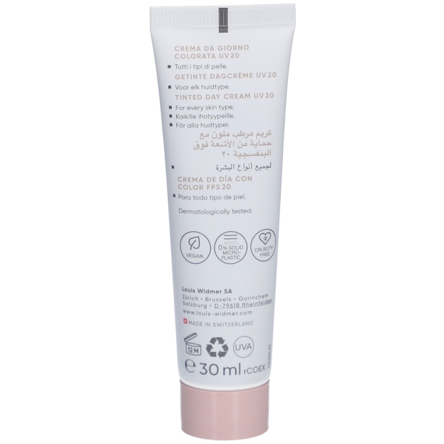 Achterkant crèmetube. Meertalige tekst. Vegan, 0% microplastic, Cruelty Free.
