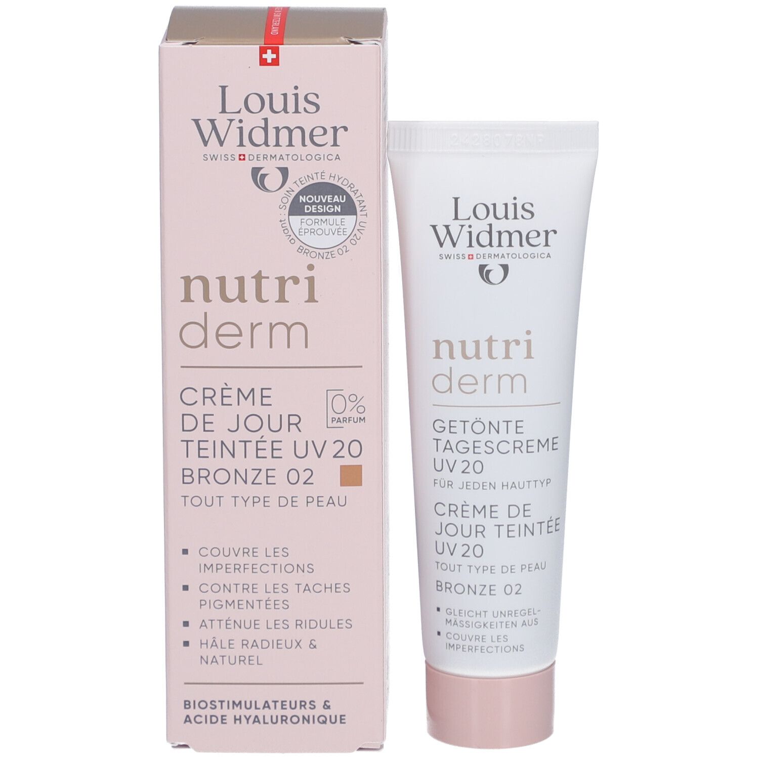 Productverpakking met crèmetube. Louis Widmer Nutriderm. Getinte dagcrème UV20 Bronze 02.