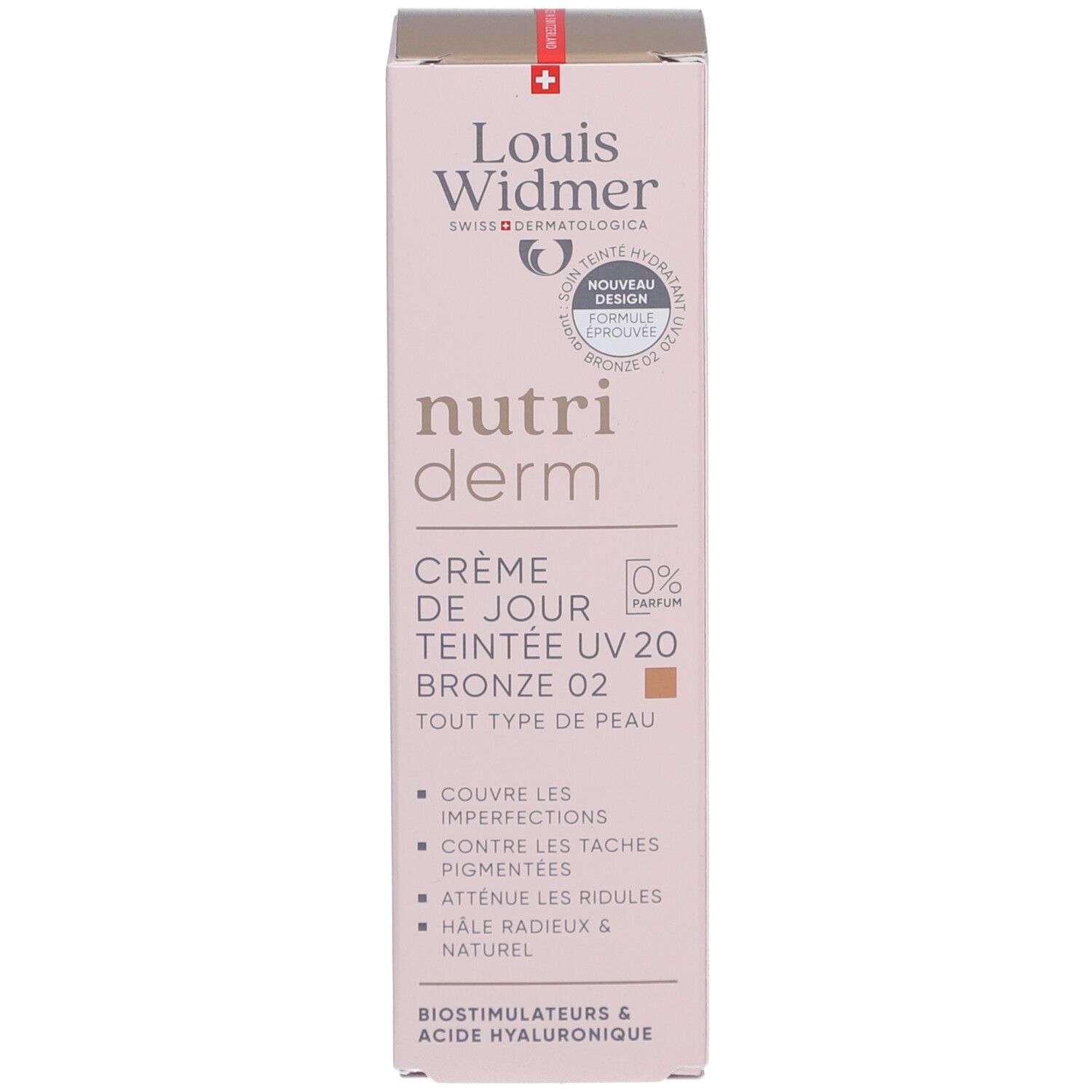 Productverpakking. Louis Widmer Nutriderm. Getinte dagcrème UV20 Bronze 02. 0% Parfum.
