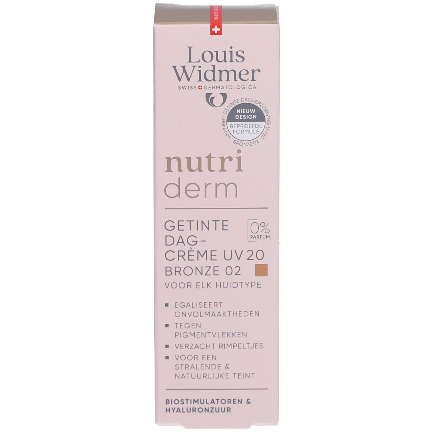 Productverpakking. Getinte dagcrème UV20 Bronze 02. Voor elk huidtype. 0% Parfum.