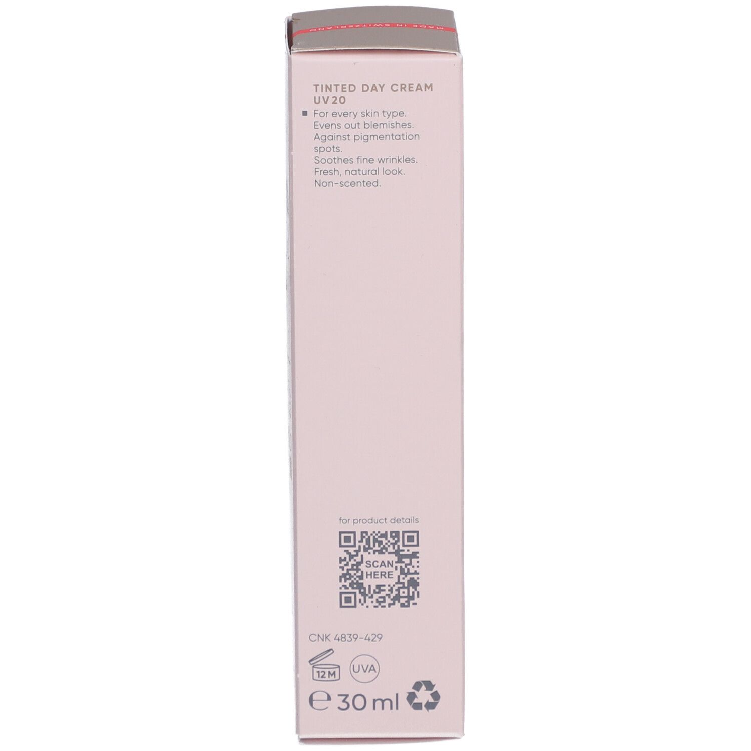 Zijkant verpakking. Tekst, QR-code, 30 ml, UVA-symbool.