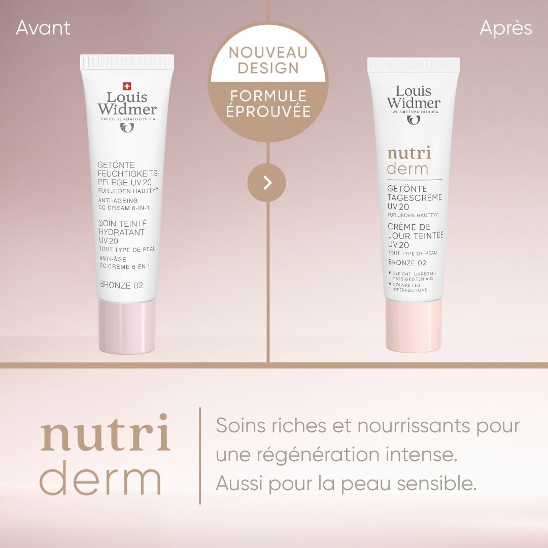 Emballage produit avec tube de crème. Louis Widmer Nutriderm. Crème de jour teintée UV20 Bronze 02.