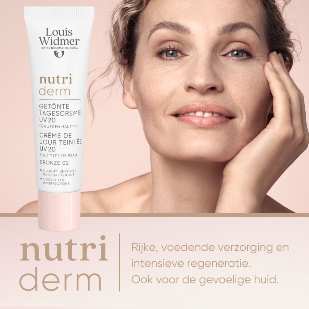 Vergelijking van crèmetubes. Voor/Na. Louis Widmer Nutriderm. Getinte dagcrème.